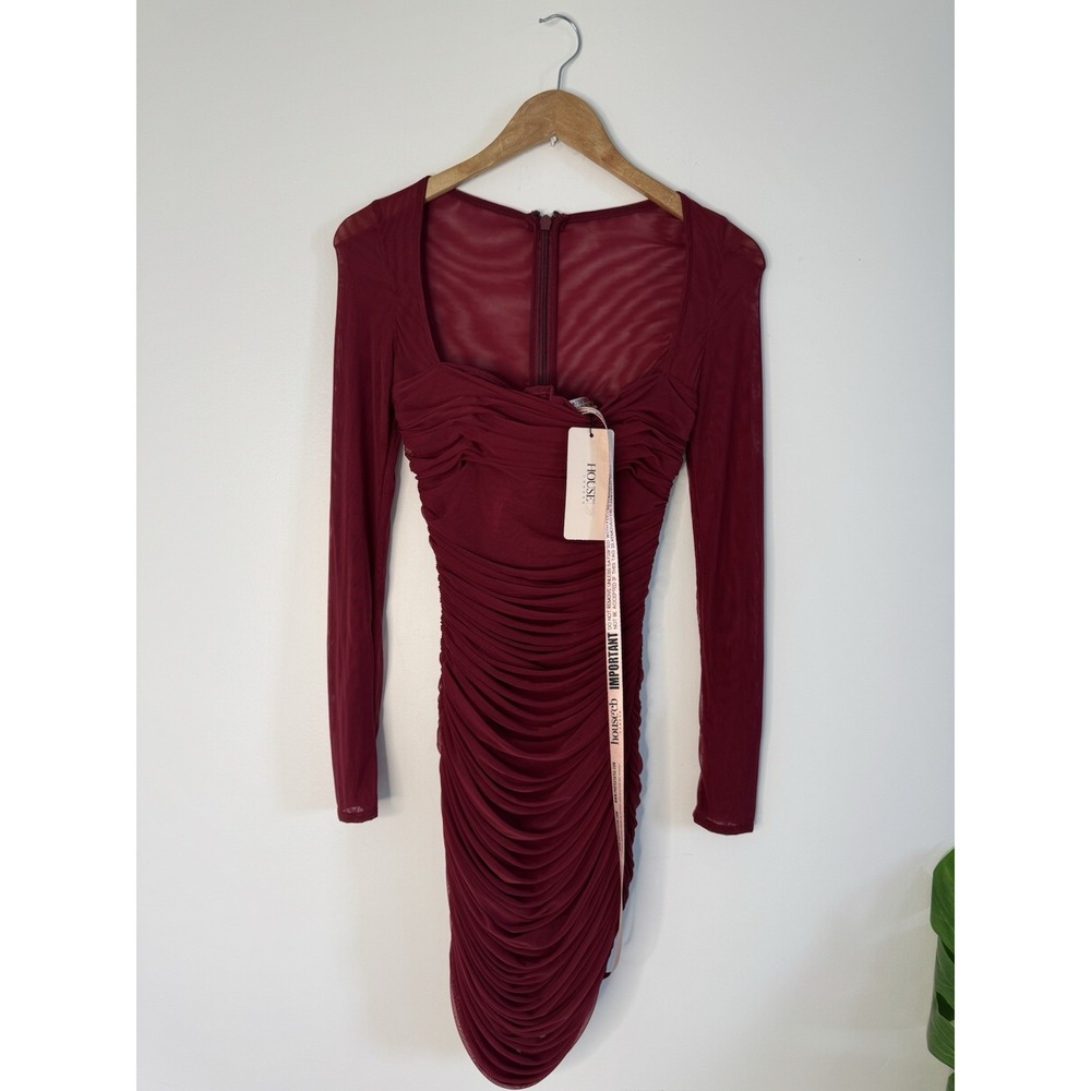 House‎ of CB London Valentina Chartreuse Ruched Mesh Dress Cherry Size S NWT